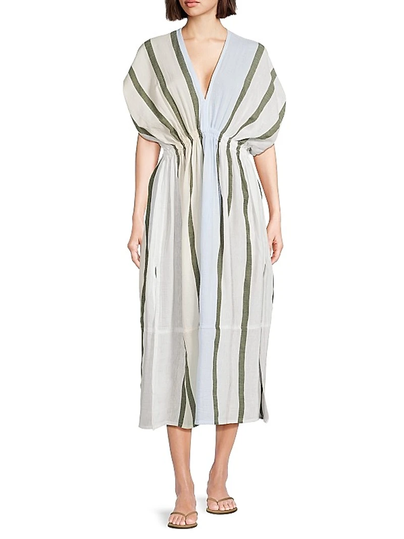 Leila Plunge Striped Cotton Midi-Dress