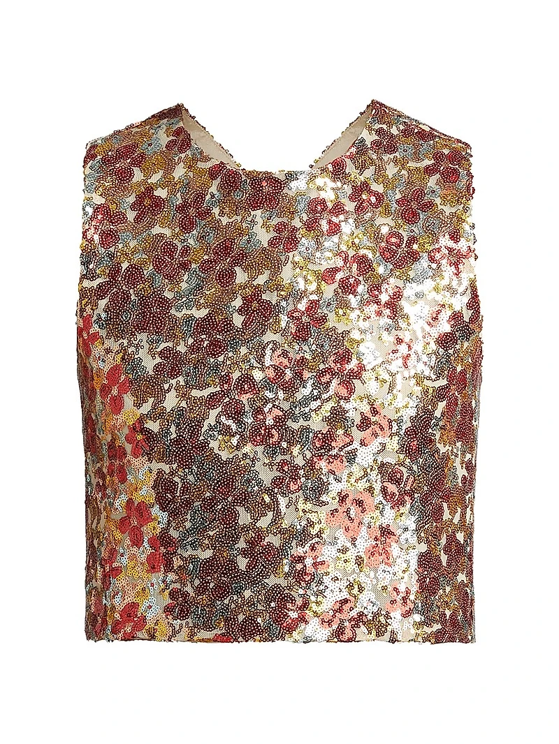 Floral-Sequined Crisscross Back Crop Top