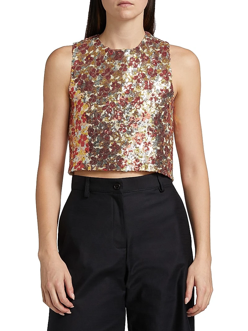 Floral-Sequined Crisscross Back Crop Top