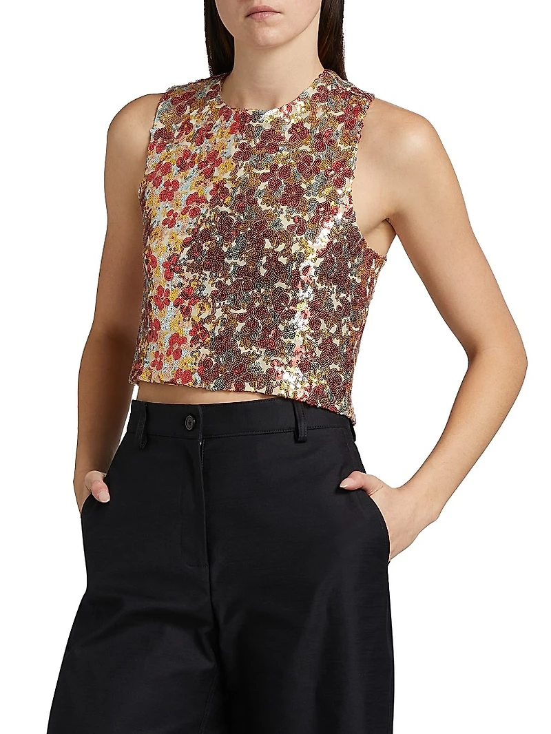 Floral-Sequined Crisscross Back Crop Top