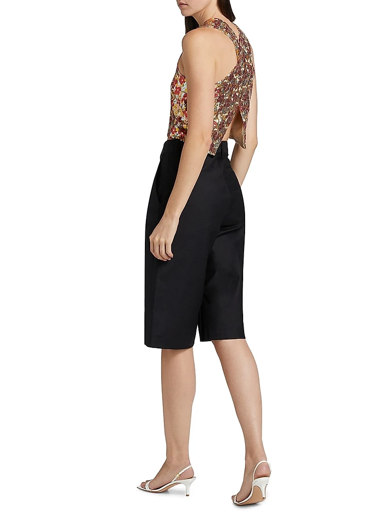 Floral-Sequined Crisscross Back Crop Top