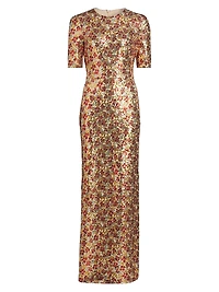 Floral-Sequined Short-Sleeve Gown