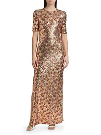 Floral-Sequined Short-Sleeve Gown