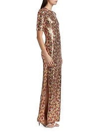 Floral-Sequined Short-Sleeve Gown