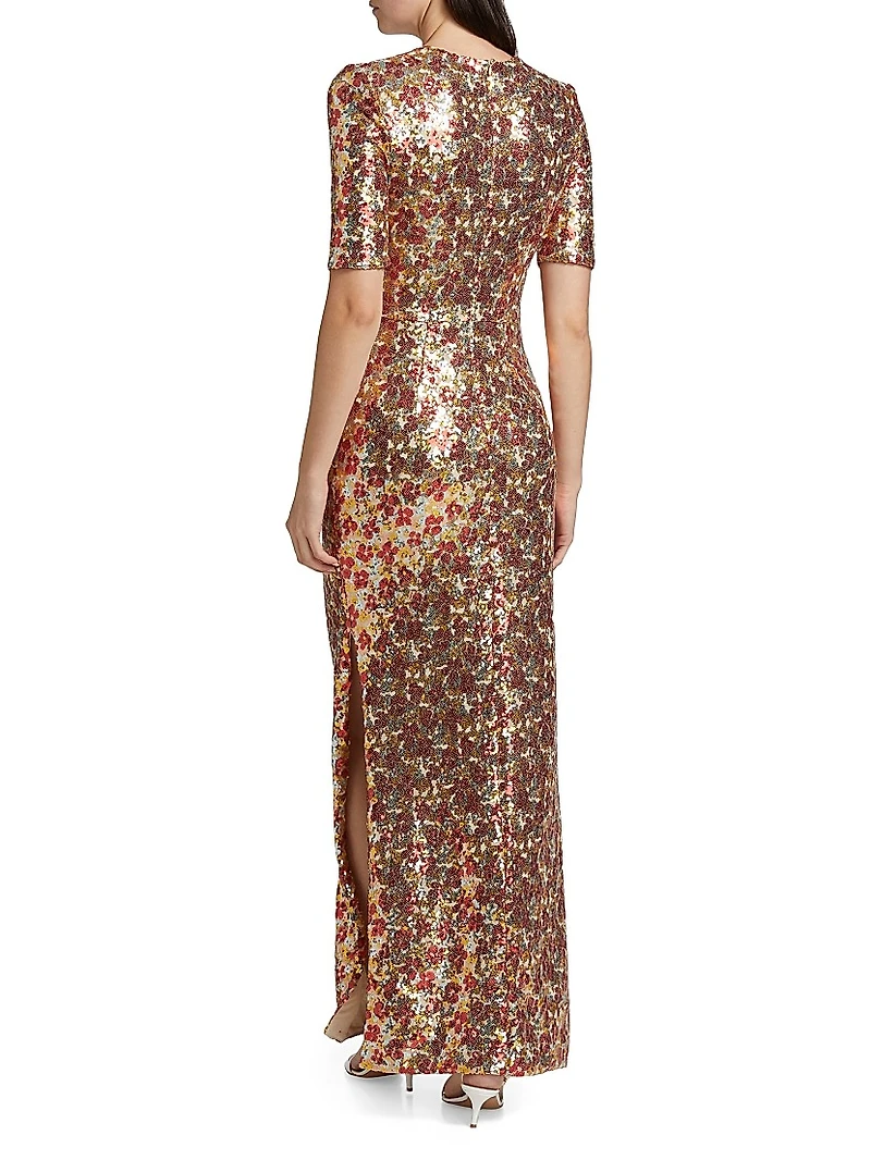 Floral-Sequined Short-Sleeve Gown