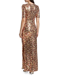 Floral-Sequined Short-Sleeve Gown