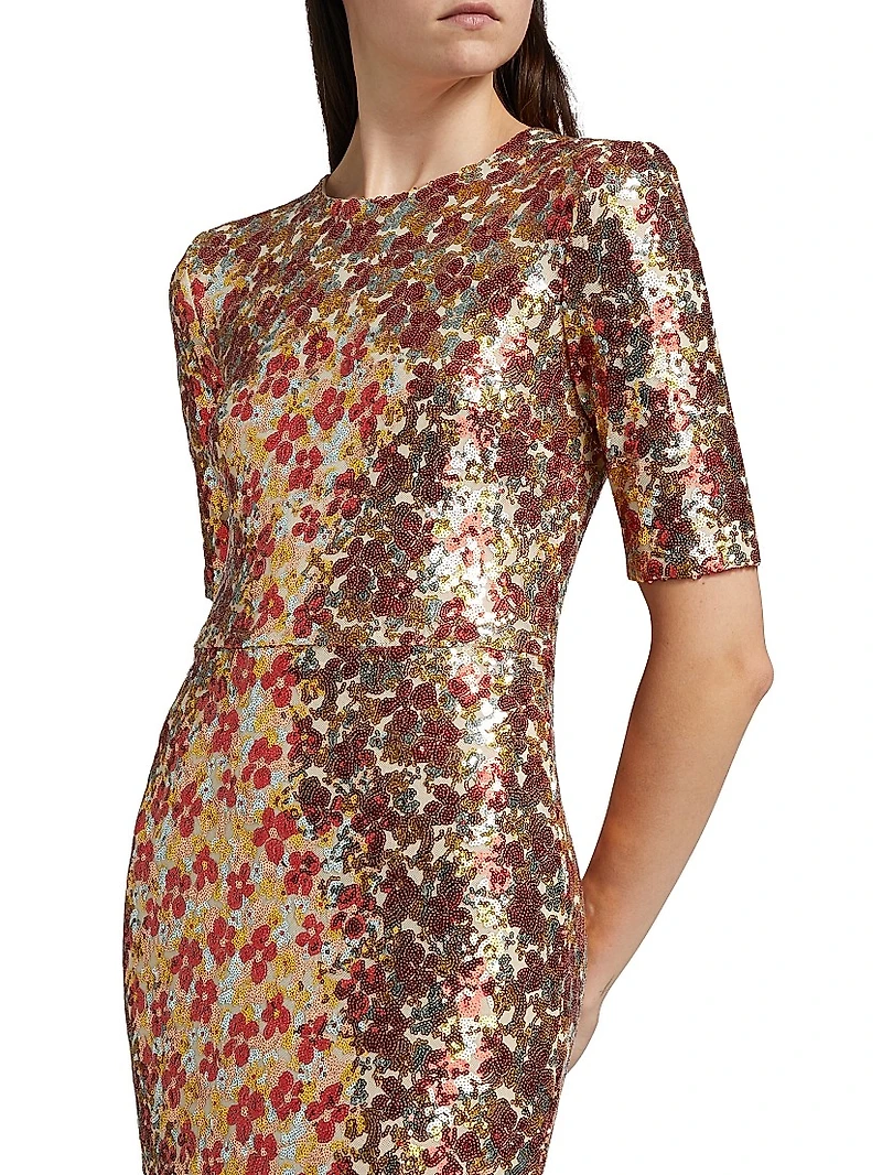 Floral-Sequined Short-Sleeve Gown