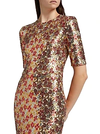 Floral-Sequined Short-Sleeve Gown