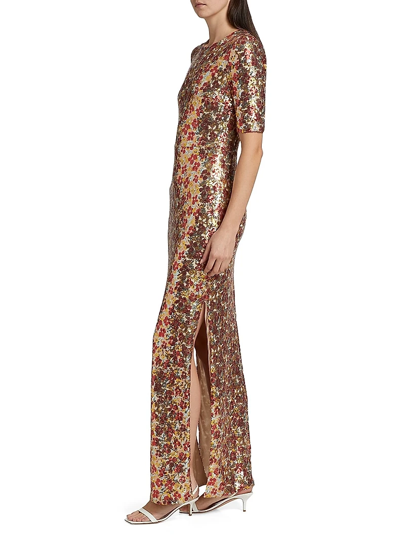 Floral-Sequined Short-Sleeve Gown