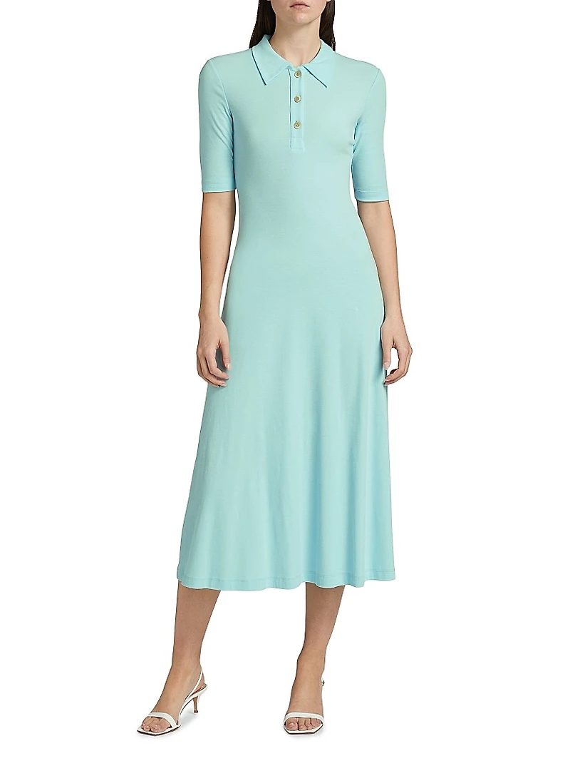 Rib-Knit Cotton A-Line Polo Dress