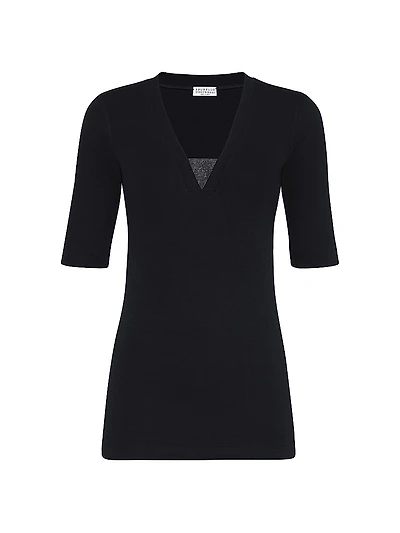 Stretch Cotton Ribbed Jersey T-Shirt with Precious Insert