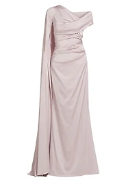 Satin Draped Cape-Sleeve Gown