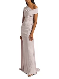 Satin Draped Cape-Sleeve Gown