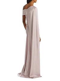 Satin Draped Cape-Sleeve Gown