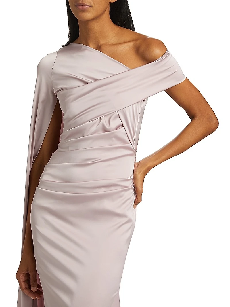 Satin Draped Cape-Sleeve Gown