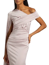 Satin Draped Cape-Sleeve Gown