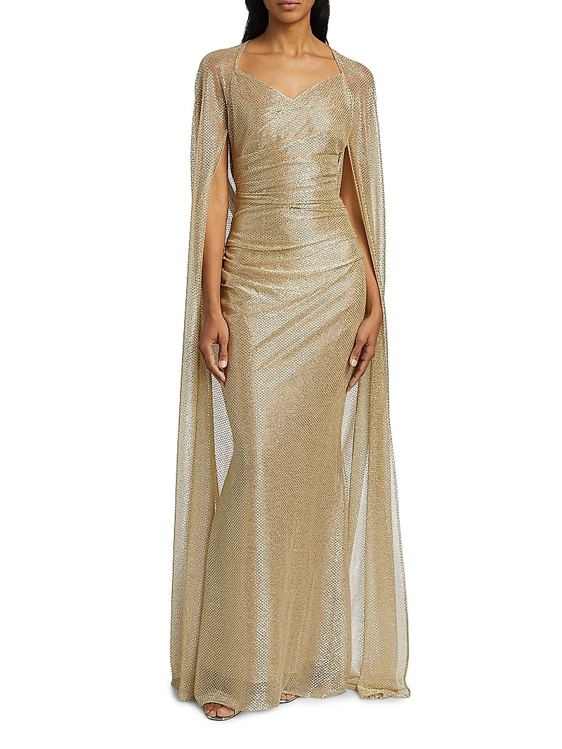 Metallic Voile Cape Body-Con Gown