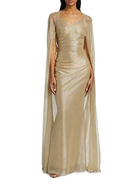 Metallic Voile Cape Body-Con Gown