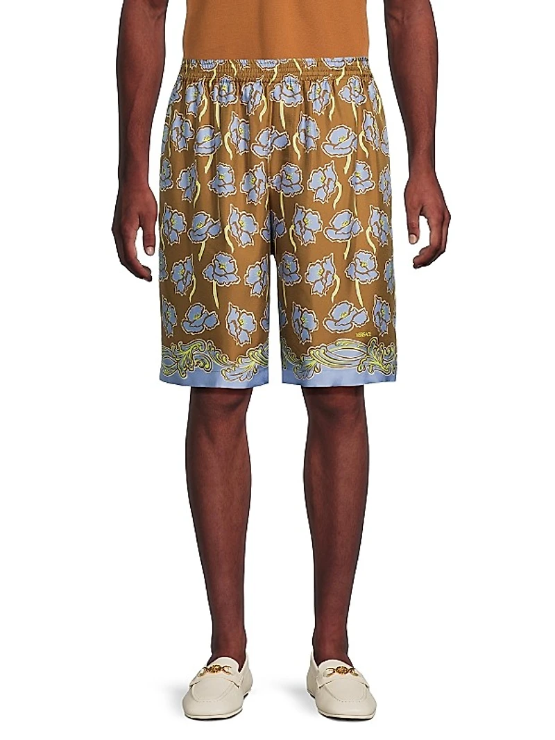 Barocco Poppies Print Silk Shorts
