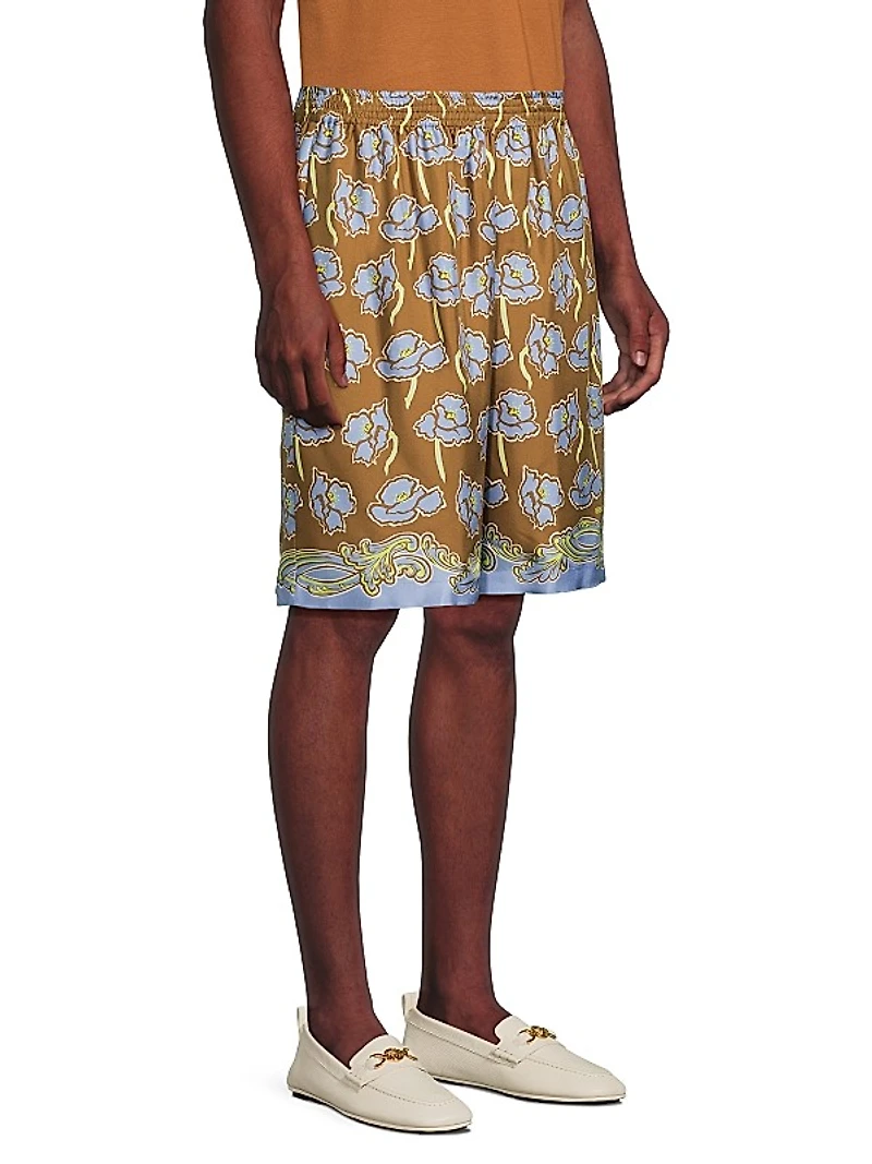 Barocco Poppies Print Silk Shorts