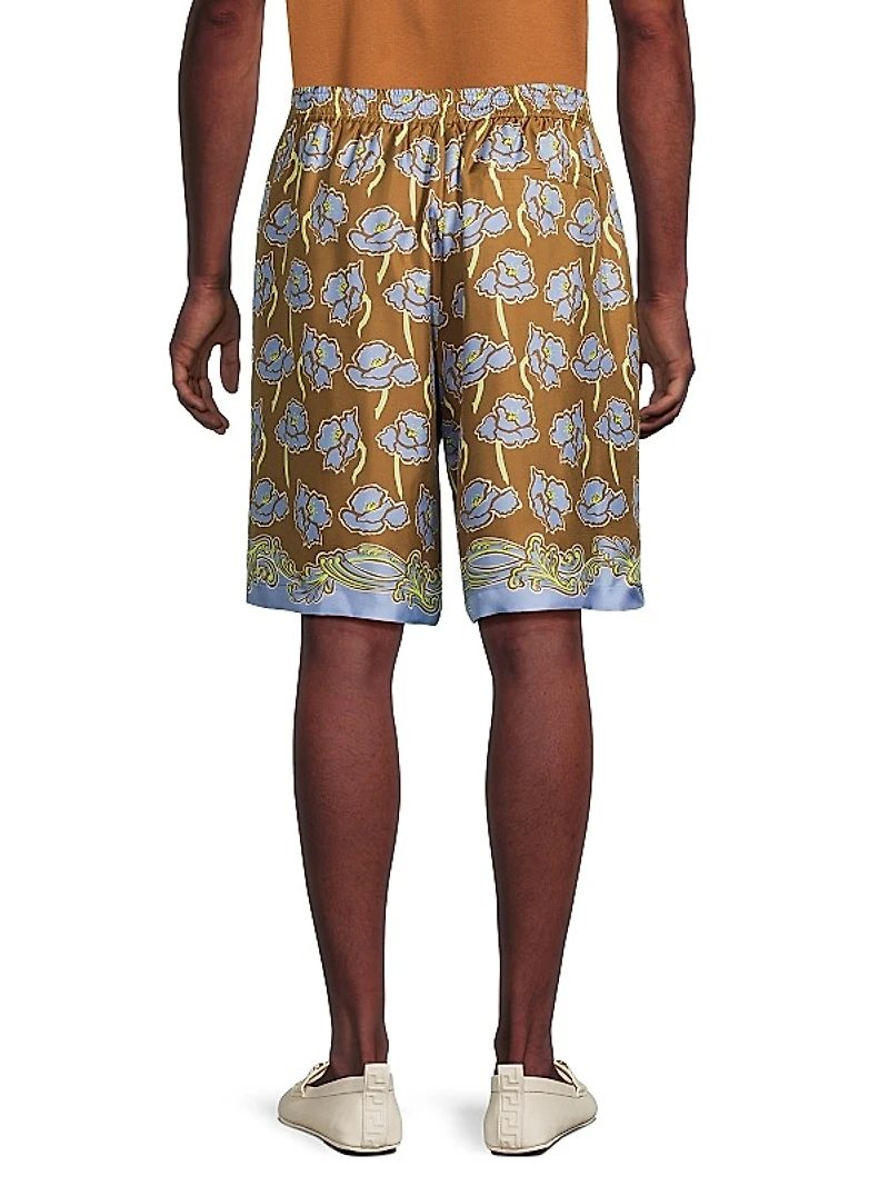 Barocco Poppies Print Silk Shorts