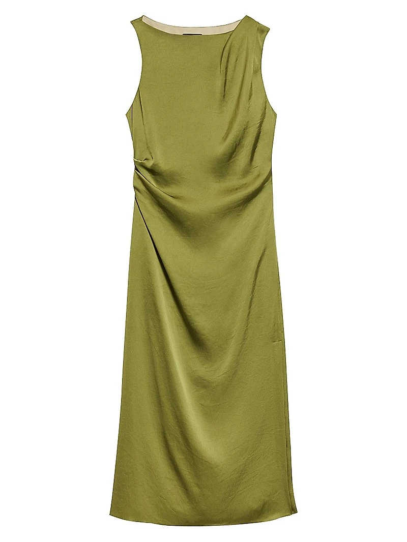 Crushed Satin Shoulder Drape Midi-Dress