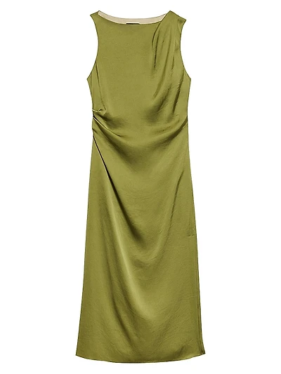 Crushed Satin Shoulder Drape Midi-Dress