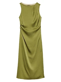 Crushed Satin Shoulder Drape Midi-Dress