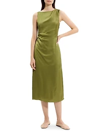 Crushed Satin Shoulder Drape Midi-Dress