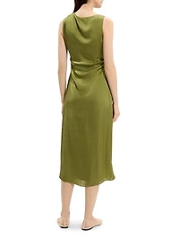 Crushed Satin Shoulder Drape Midi-Dress