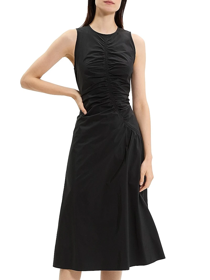 Asymmetrical Ruched Soft Lawn Midi-Dress