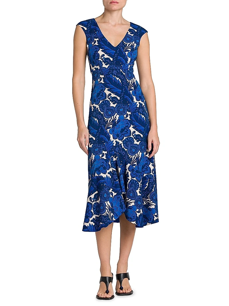 Floral Floral Cap-Sleeve Midi-Dress