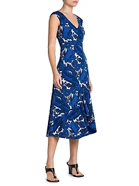 Floral Floral Cap-Sleeve Midi-Dress