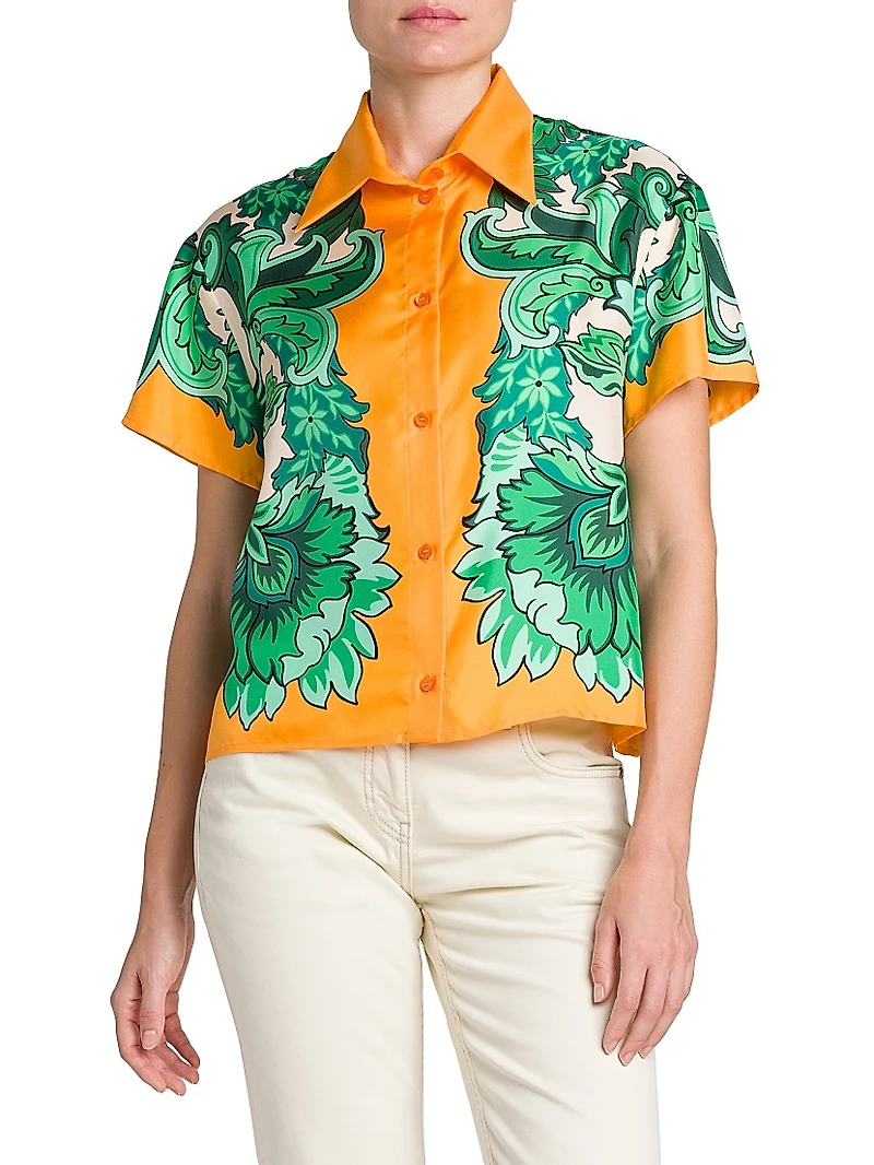 Floral Silk Short-Sleeve Blouse