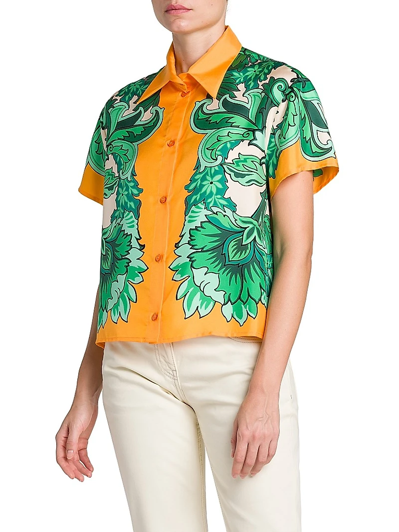 Floral Silk Short-Sleeve Blouse