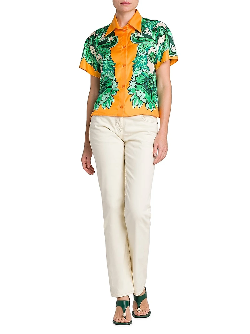 Floral Silk Short-Sleeve Blouse
