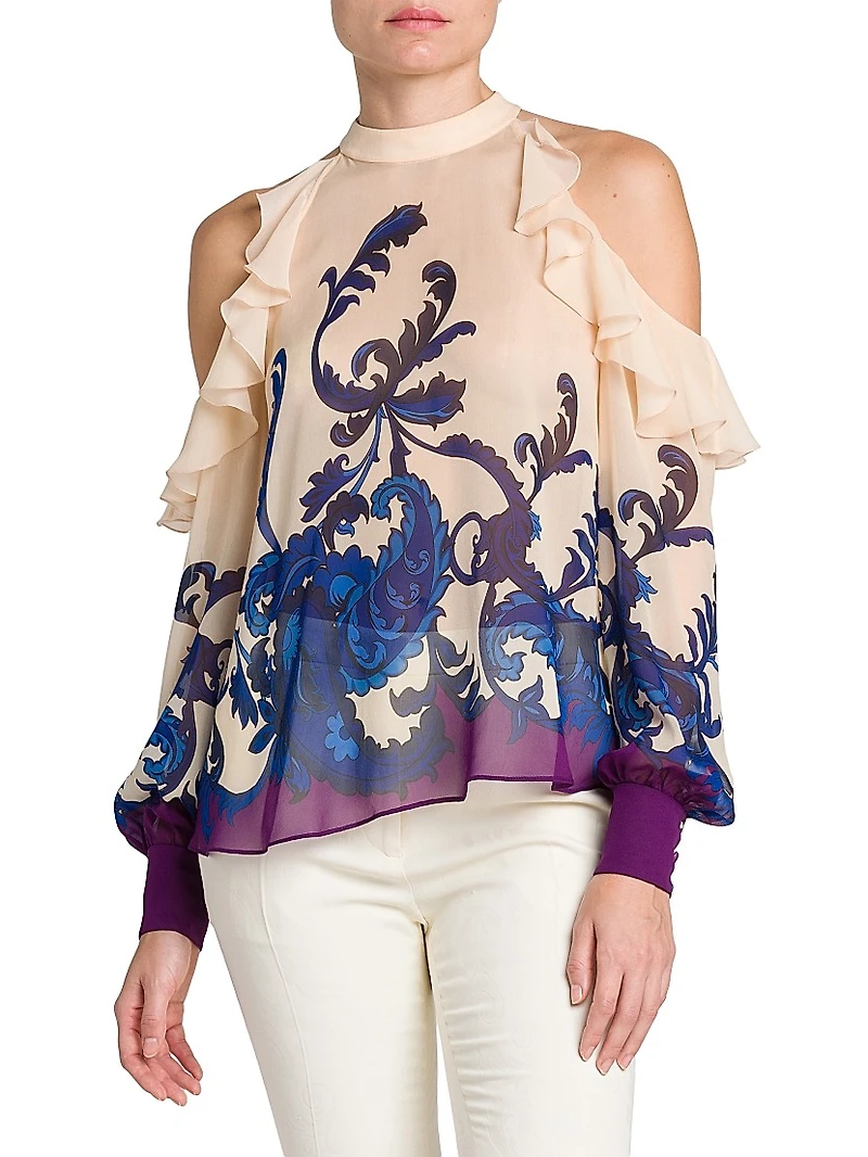 Filigree Ruffle-Trimmed Silk Top