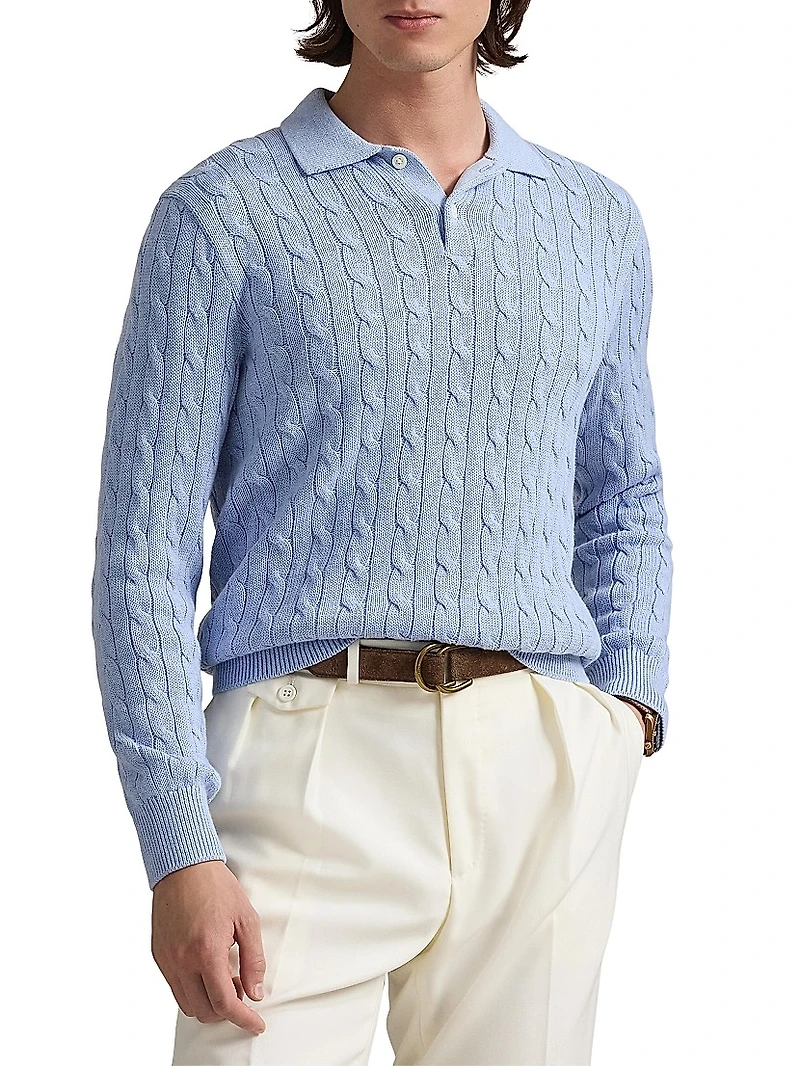 Cable-Knit Cotton Polo-Collar Sweater