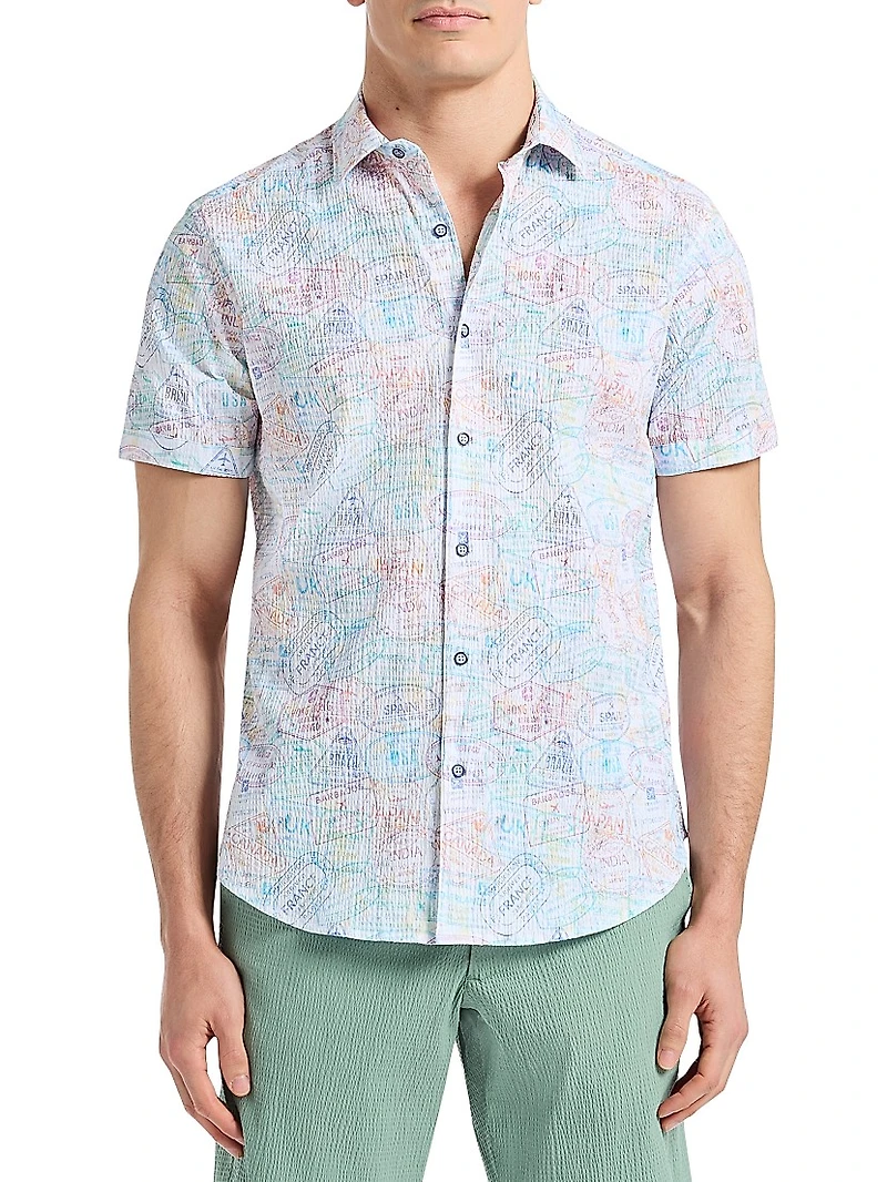 Passport Printed Stretch-Cotton Short-Sleeve Shirt