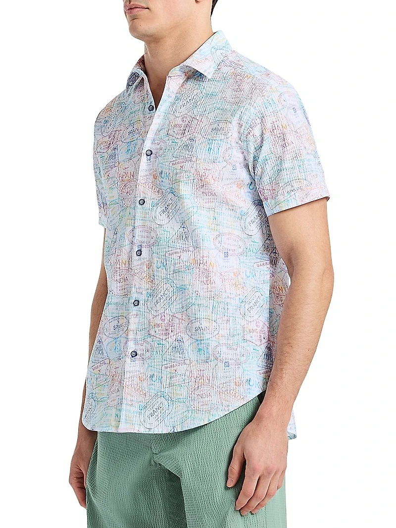 Passport Printed Stretch-Cotton Short-Sleeve Shirt