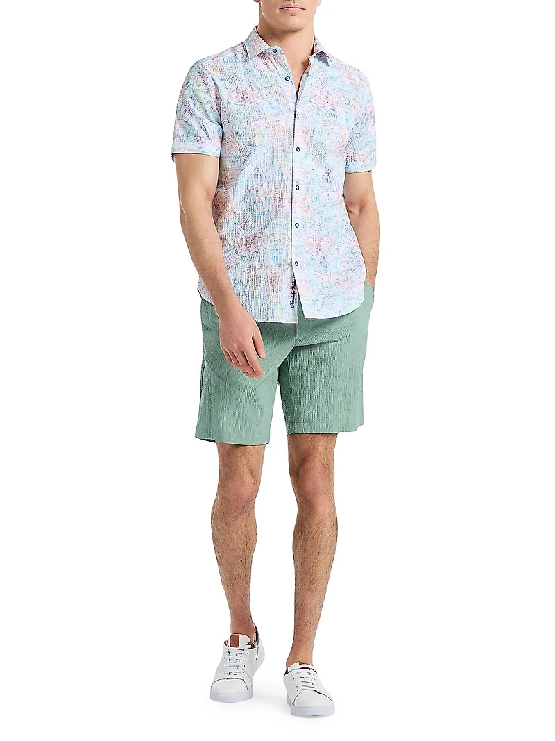 Passport Printed Stretch-Cotton Short-Sleeve Shirt