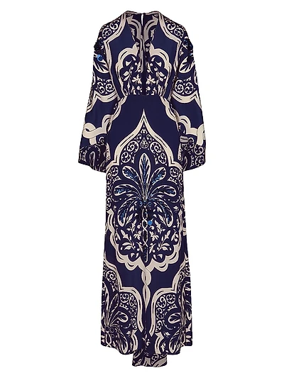 Galena Damask Silk Cape Maxi Dress