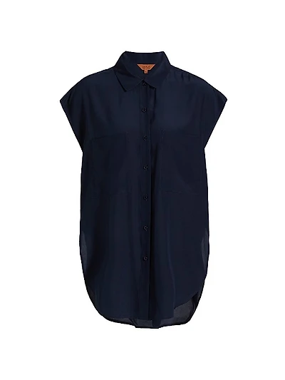 Reiki Silk Oversized Cap-Sleeve Button-Front Shirt