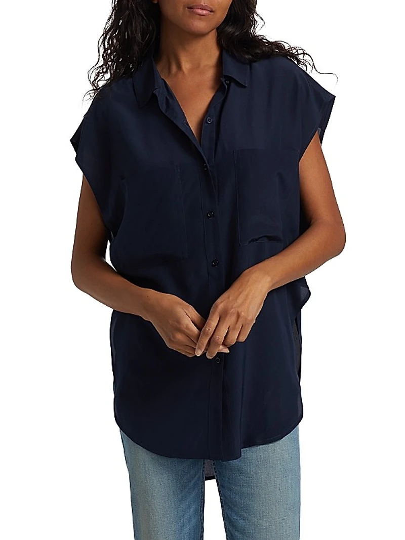 Reiki Silk Oversized Cap-Sleeve Button-Front Shirt
