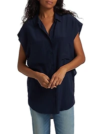 Reiki Silk Oversized Cap-Sleeve Button-Front Shirt