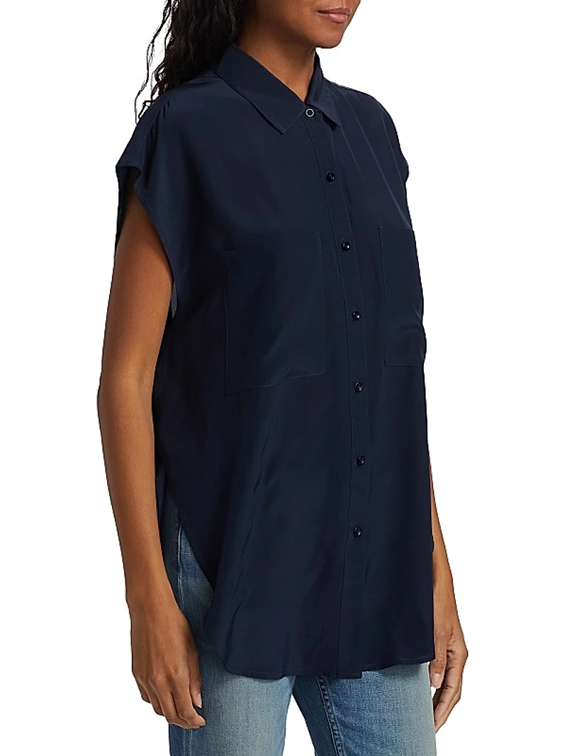 Reiki Silk Oversized Cap-Sleeve Button-Front Shirt