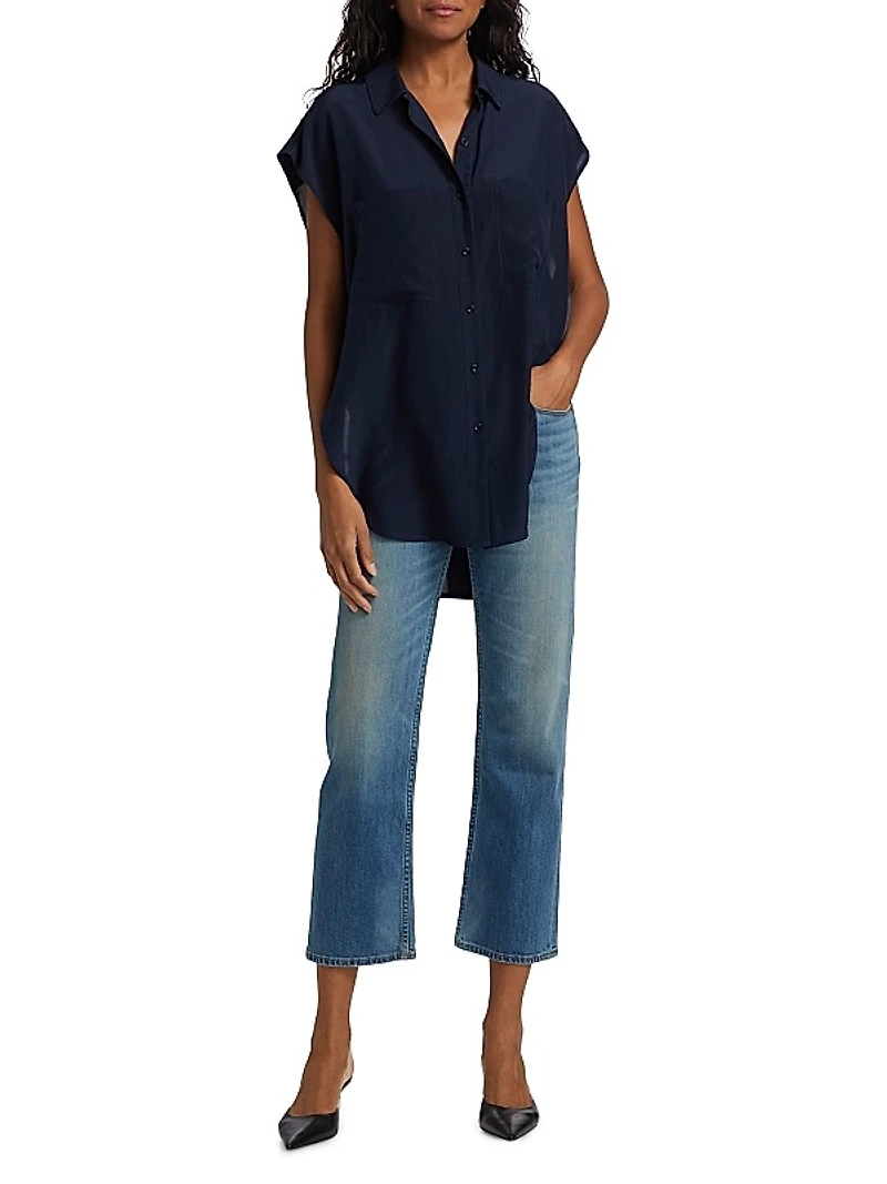 Reiki Silk Oversized Cap-Sleeve Button-Front Shirt