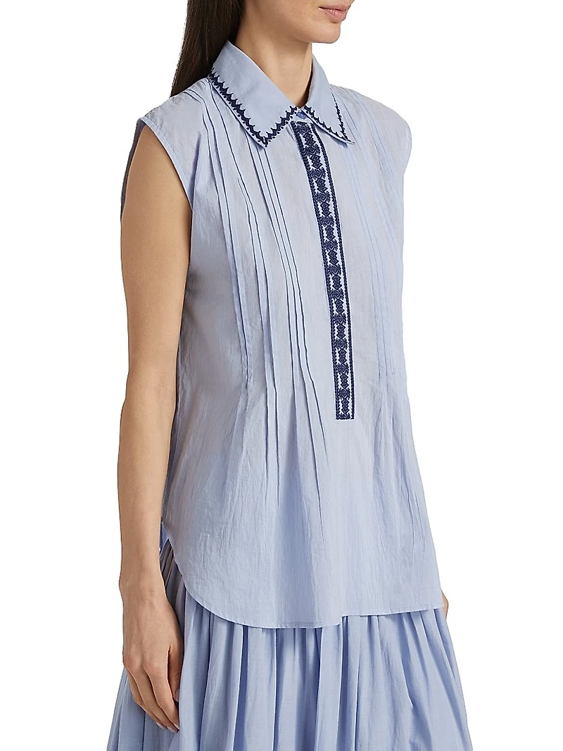 Roca Eden Embroidered-Trim Pintuck Top