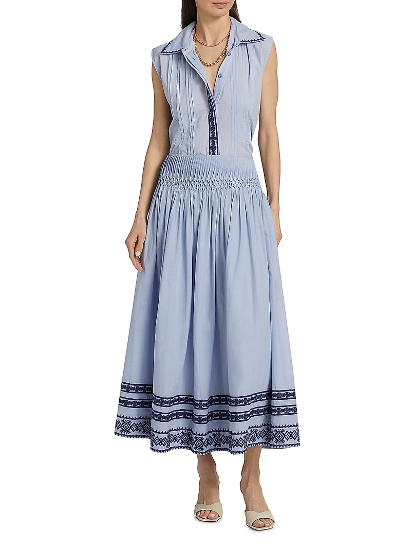 Roca Eden Embroidered-Trim Pintuck Top