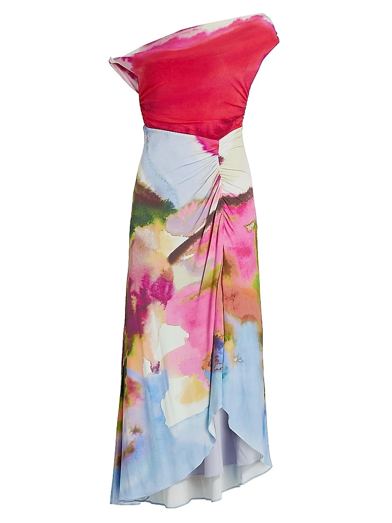 Ella Watercolor Jersey One-Shoulder Midi-Dress
